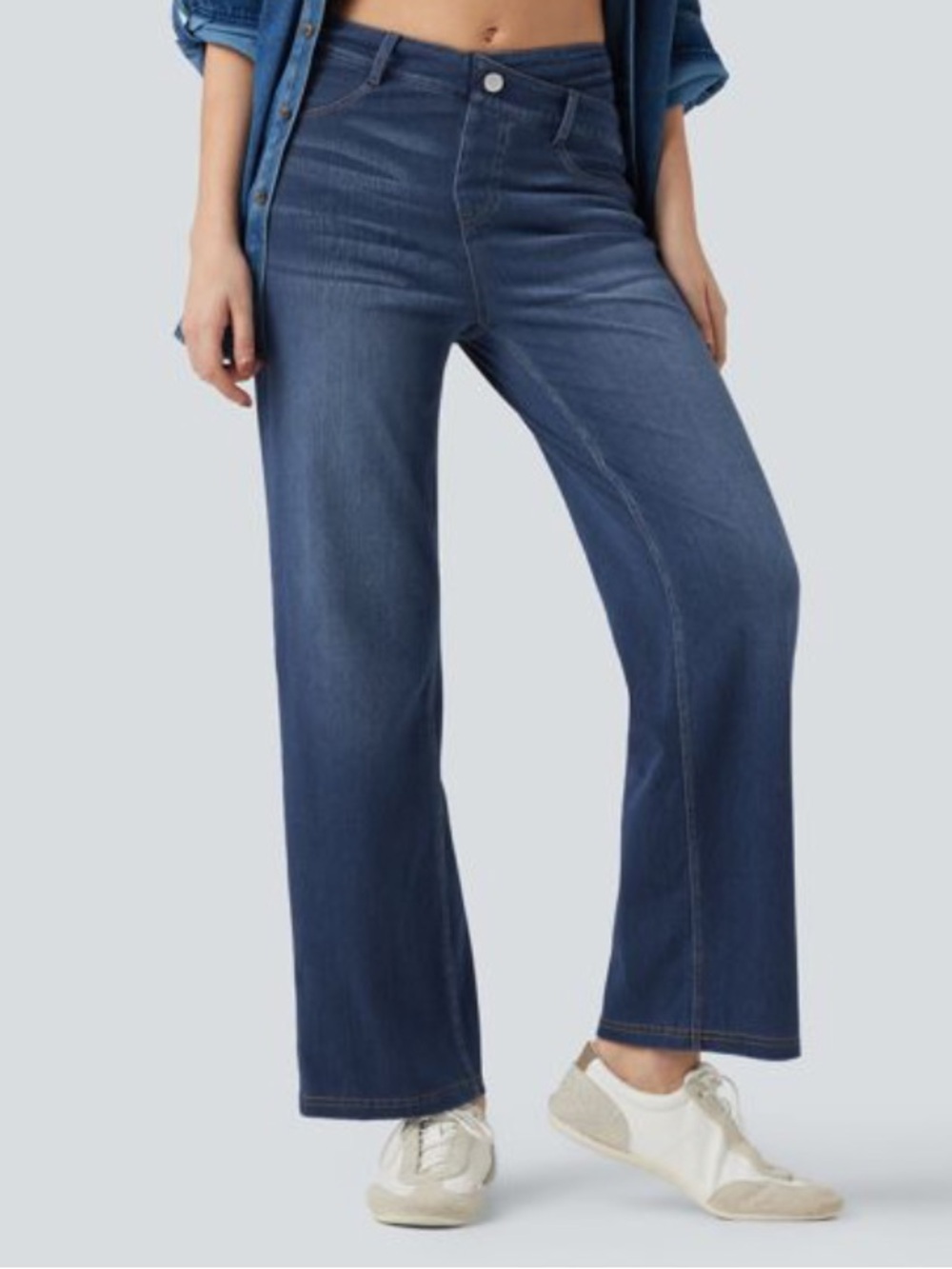Halara Flex Denim Wide Leg Jeans Medium Estate Blue Mid Rise 4-Way Stretch